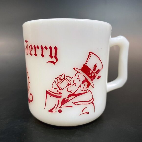 Tom & Jerry Auld Milk Glass Mug Hazel Atlas Christmas Red Graphics Candle - Picture 2 of 6